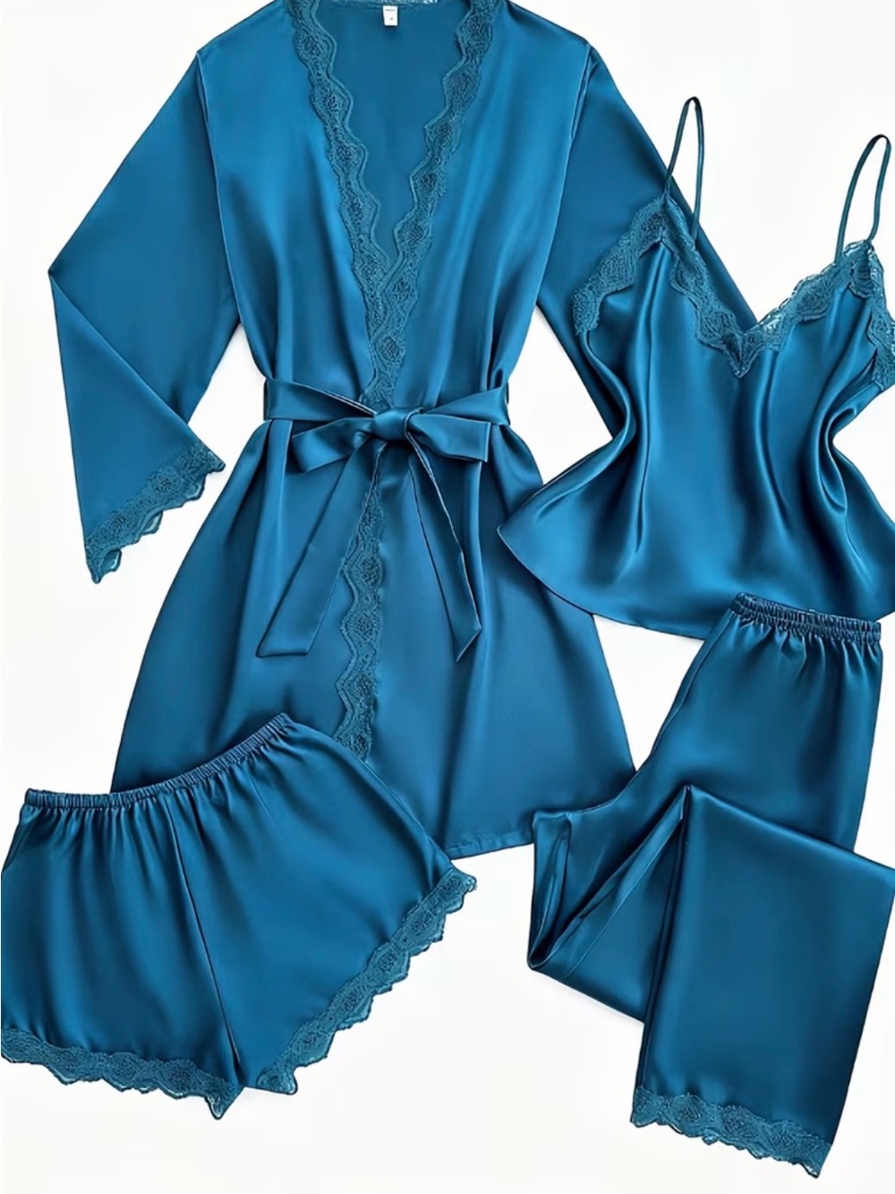 Satin Lace Trim 4-Piece Pajama Set - Teal